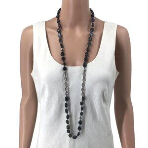 Long Necklace Mixed Beads Glass Acrylic Black Gray Silver Tones 40 Inch